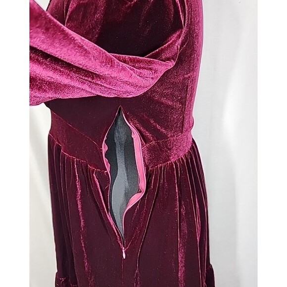 Halara Burgundy Velvet Deep V Neck Long Sleeve Ruffle Hem Dress Size XL - Picture 4 of 9